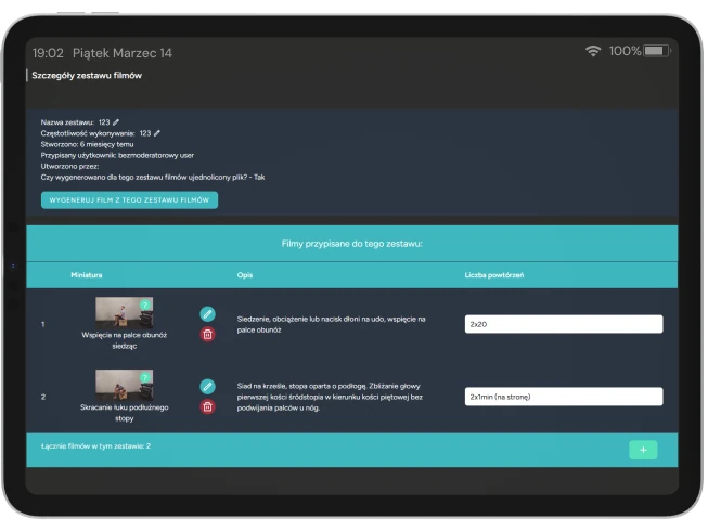 Funkcjonalność 'zestawu ćwiczeń' przedstawiona na tablecie